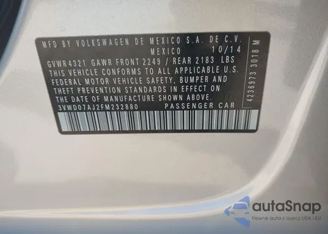 2015 Volkswagen Jetta 1.8T Se from USA, damaged, VIN 3VWD07AJ2FM232880